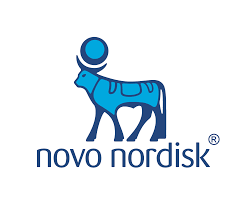 Logo of novo nordisk featuring a stylized blue bull with an "o" on its back above the company name in lowercase letters.