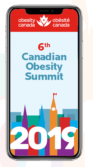 Smartphone displaying a poster for the 6th canadian obesity summit, held in 2019, with colorful graphics of city buildings and event details.