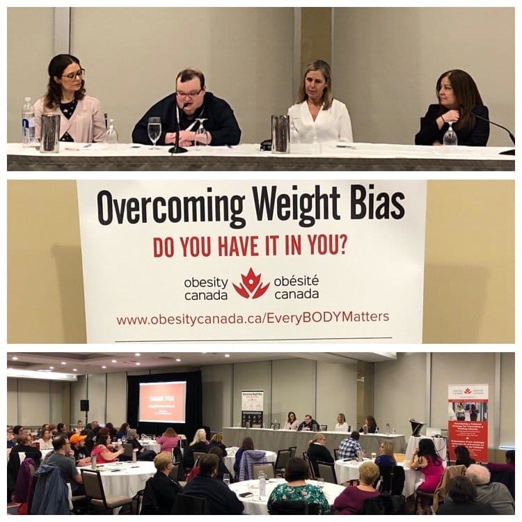 Panel discussion at an obesity canada event focused on overcoming weight bias, featuring four speakers addressing an audience.