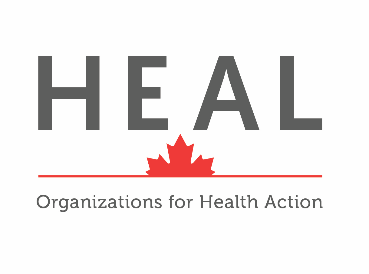 Logo of heal (organizations for health action) featuring the word "heal" in uppercase gray letters with a red maple leaf and underline, accompanied by a subtitle.