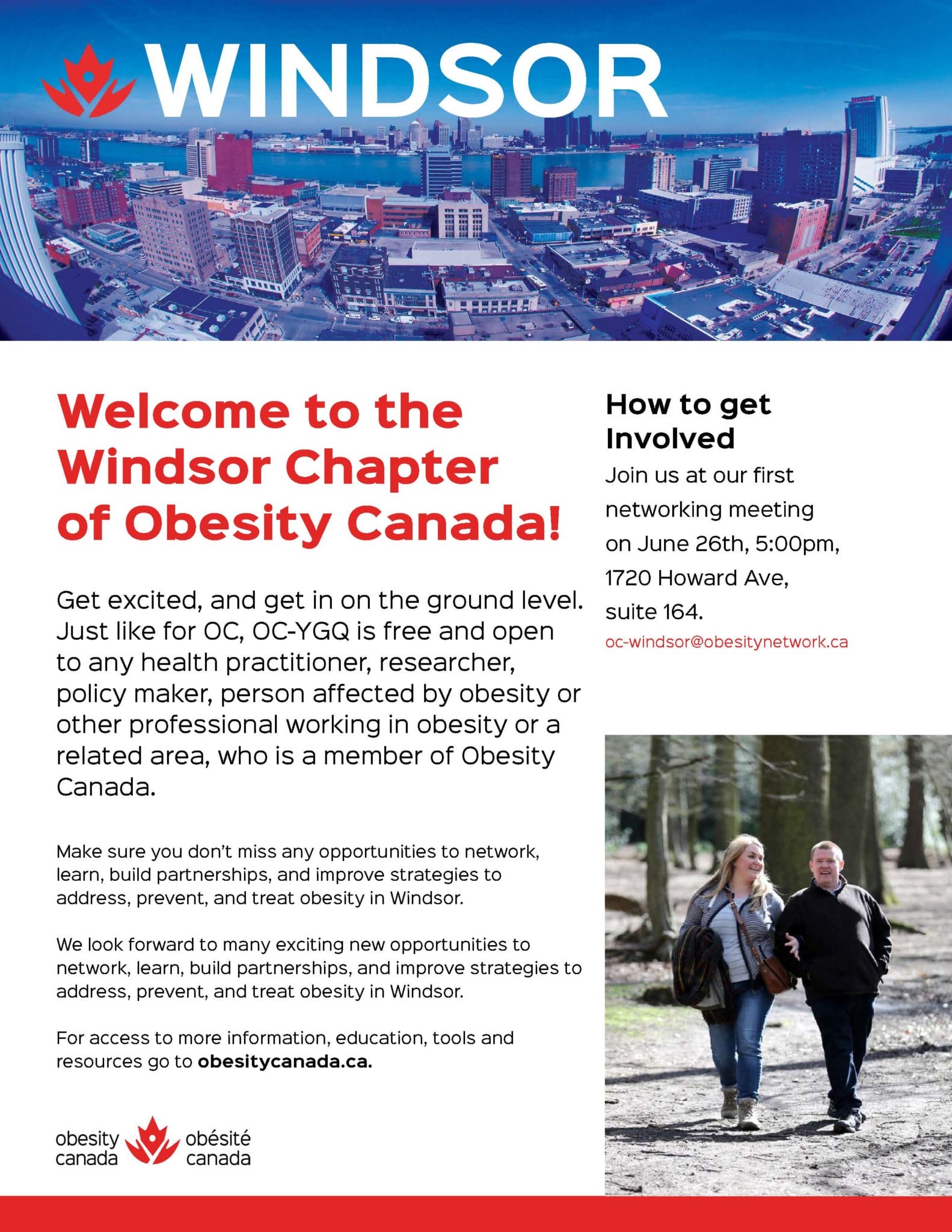 Promotional poster for the windsor chapter of obesity canada featuring an aerial view of windsor, event details, and organizational goals.