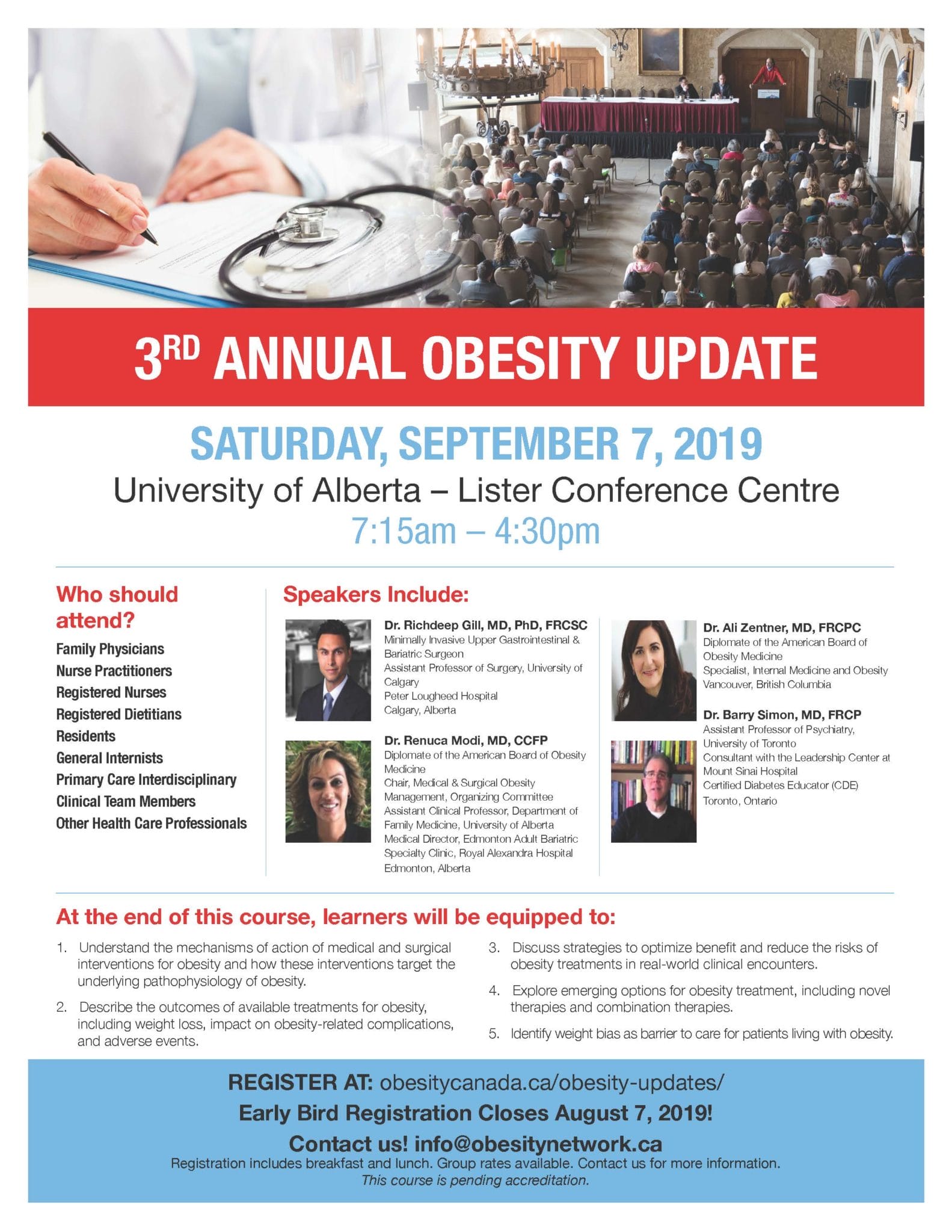 Promotional poster for the 3rd annual obesity update at the university of alberta on september 7, 2019, detailing event schedule, speakers, and registration information.