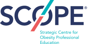 Logo of scope, strategic centre for obesity professional education, featuring blue text and a red slash through the letter 'o'.