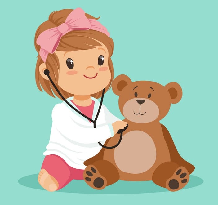 A cartoon of a young girl with a pink headband using a stethoscope on a teddy bear.
