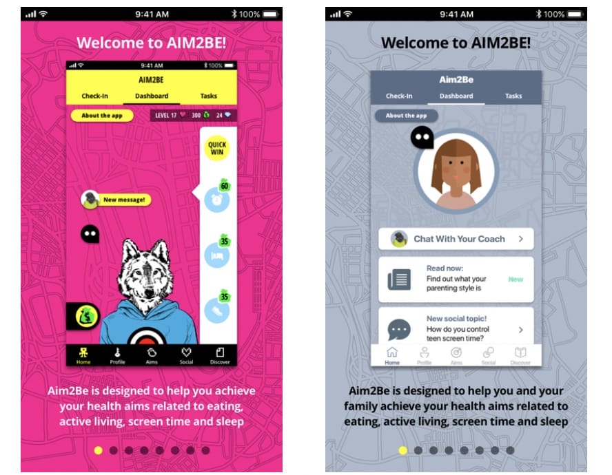 Two mobile app screenshots depicting aim2be's interface, featuring health-related tools and a chat function with a coach's profile picture.