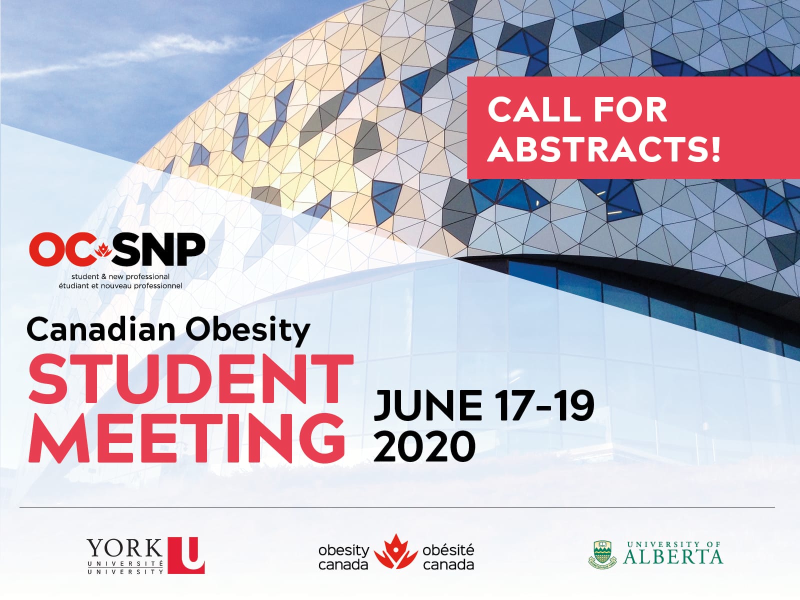 Promotional flyer for the 2020 canadian obesity student meeting, june 17-19, featuring the abstract geometric facade of a modern building, with event details and logos of participating institutions.
