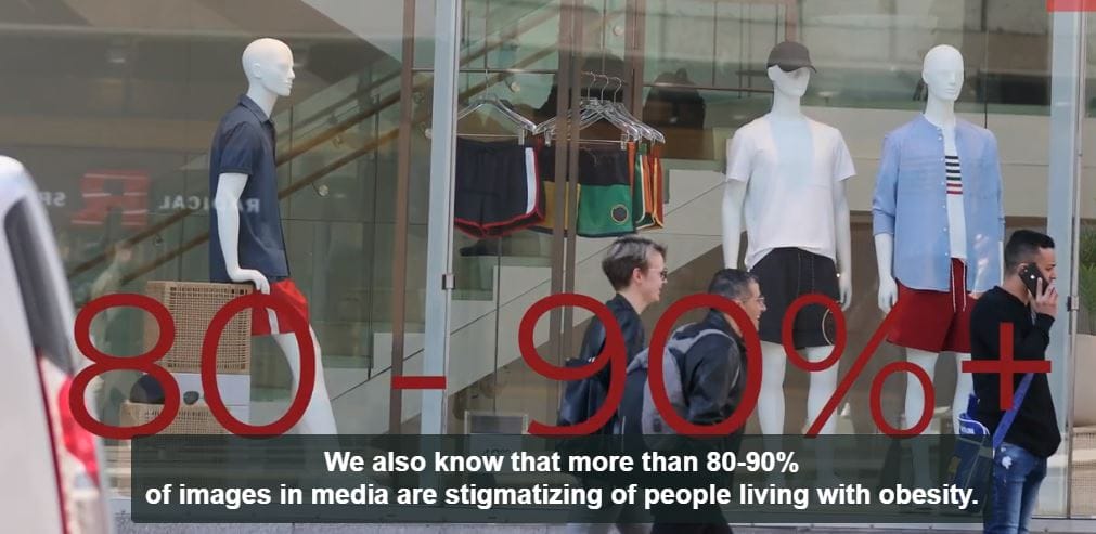 Three mannequins in a store window display clothes, while blurred figures of people walk by on the street. a text overlay states that 80-90% of media images stigmatize people with obesity.