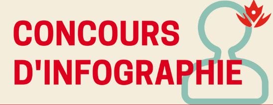 Red text on a beige background reading 'concours d'infographie', with a stylized icon of a person and a flame above the text.