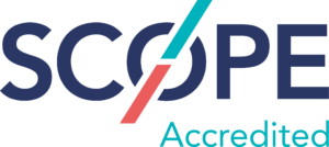 Logo of scope accredited featuring bold blue letters and a red and blue swoosh intersecting the letter o.