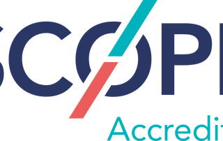 Logo of scope accredited featuring bold blue letters and a red and blue swoosh intersecting the letter o.