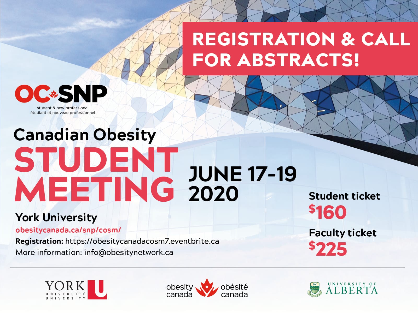 Promotional poster for the 2020 oc-snp student meeting at york university, featuring event details and pricing, set against a geometric building background.
