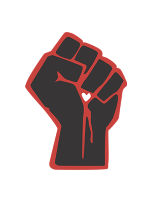 A stylized black raised fist icon with a red outline and a small white heart on the wrist.