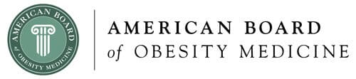 Logo of the american board of obesity medicine, featuring a green and white color scheme with a stylized column icon.