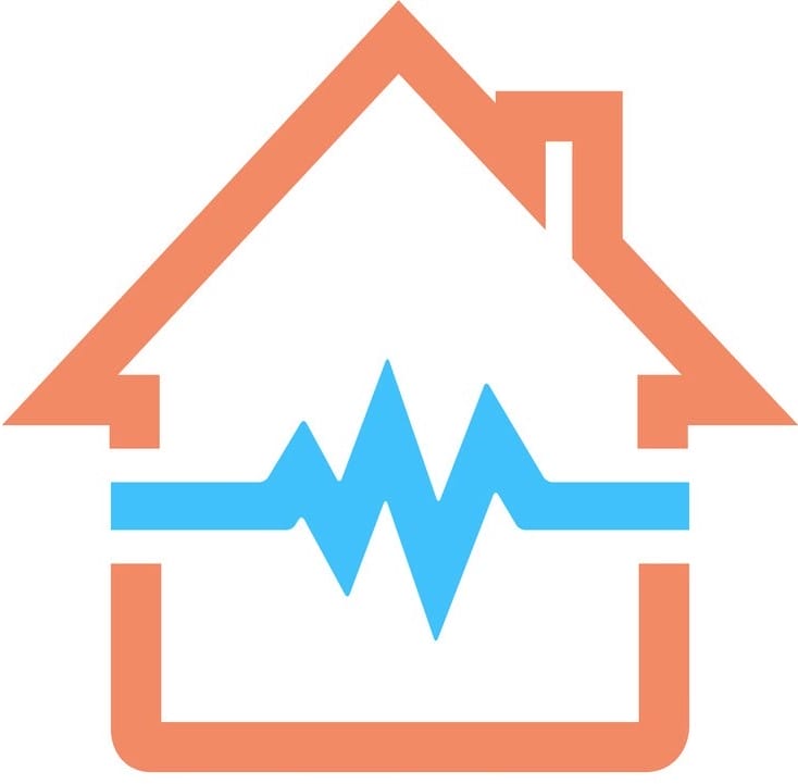 An orange outline of a house with a stylized blue water wave and a jagged blue line inside, representing plumbing and electrical services.