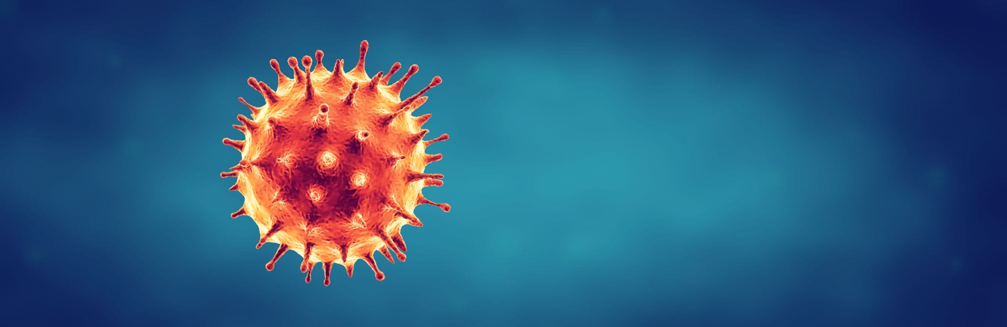 3d illustration of a virus particle with spike proteins against a blue background.