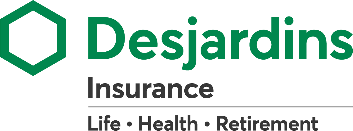 Logo of desjardins insurance featuring a green hexagonal icon next to the text 'desjardins insurance' and the motto 'life · health · retirement' below in grey.