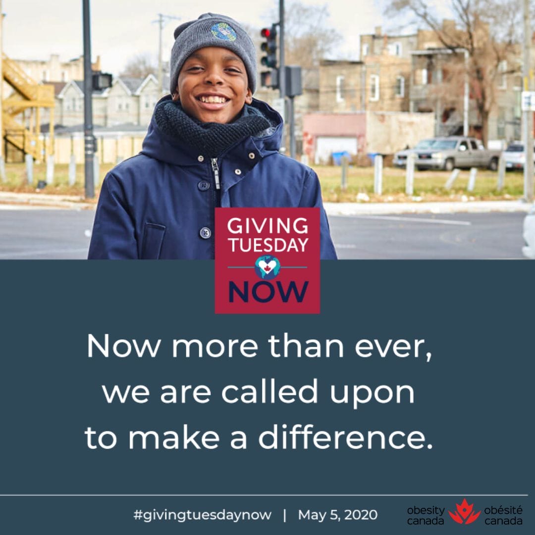 A young boy smiling on a city street with a "giving tuesday now" campaign graphic overlay, including date and hashtags.