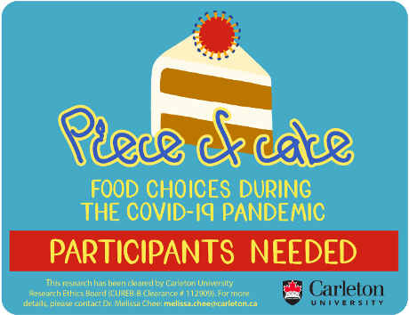 Graphic of a cake slice with text "piece of cake, food choices during the covid-19 pandemic, participants needed" alongside carleton university logo.