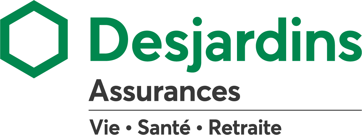 Logo of desjardins assurances, featuring the company name and icons for life, health, and retirement insurance next to a green hexagonal symbol.