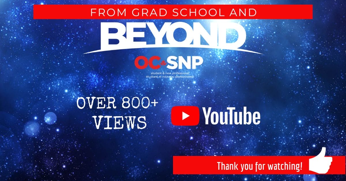 Promotional graphic reading "from grad school and beyond" with over 800+ youtube views, featuring the ocnsp logo and a "thank you for watching!" message on a starry blue background.