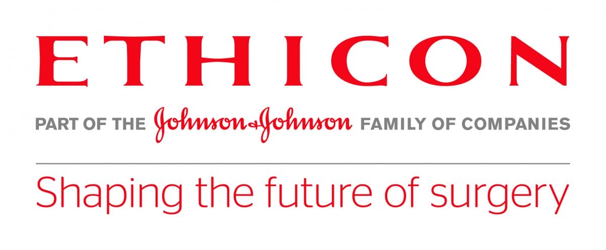 Logo of ethicon, part of the johnson & johnson family, featuring the tagline "shaping the future of surgery" in red and black text.