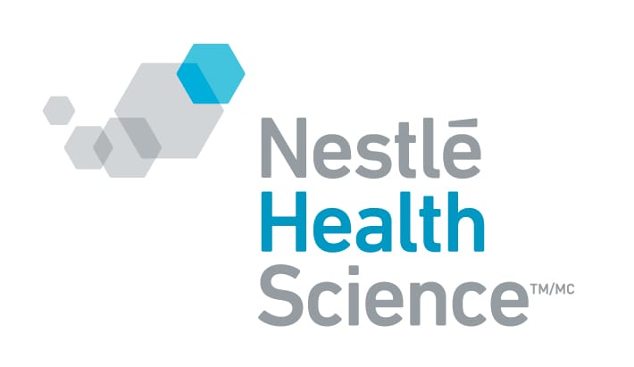 Logo of nestlé health science featuring stylized blue and grey shapes with the company name in teal text.