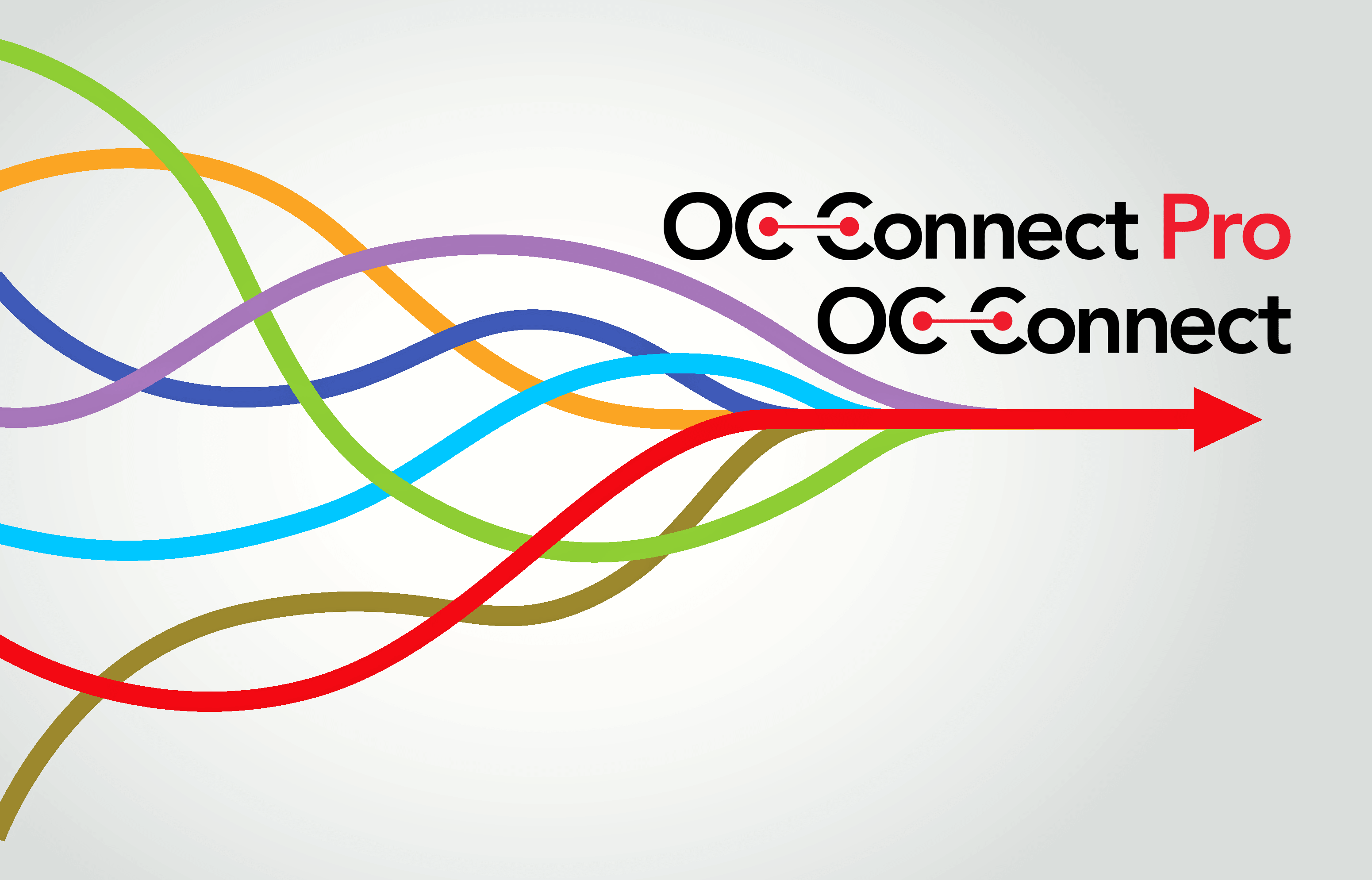 Graphic of multicolored wavy lines converging into a single red arrow pointing right, with the text "oc-connect pro oc-connect" overlaying the center.