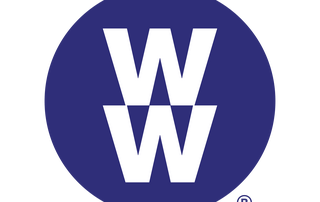 Logo of weight watchers, featuring a double 'w' design in white on a blue circular background with a registered trademark symbol.