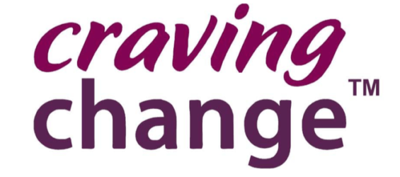 Logo featuring the phrase "craving change" in purple lettering with "craving" above "change," both on a white background.