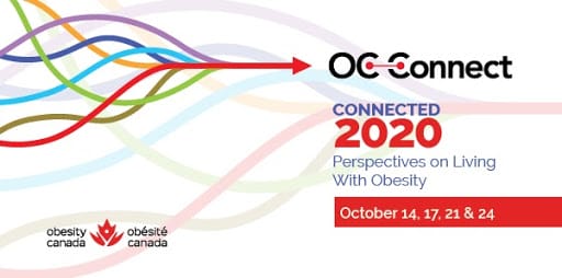 Promotional banner for oc connect 2020 event by obesity canada, featuring swirling lines leading to a logo, and event dates.