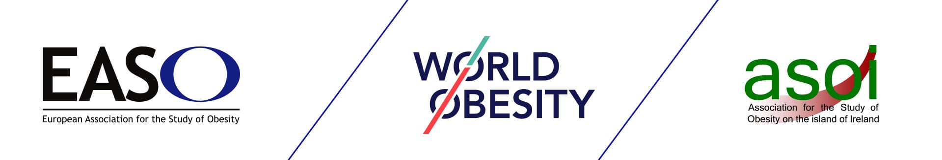 Logos of three obesity-related associations: easo, world obesity, and asod, each stylized with distinctive fonts and colors.