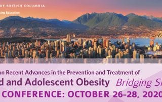 Banner for the 8th conference on childhood and adolescent obesity at ubc, showing a panoramic view of vancouver with event details, october 26-28, 2020.