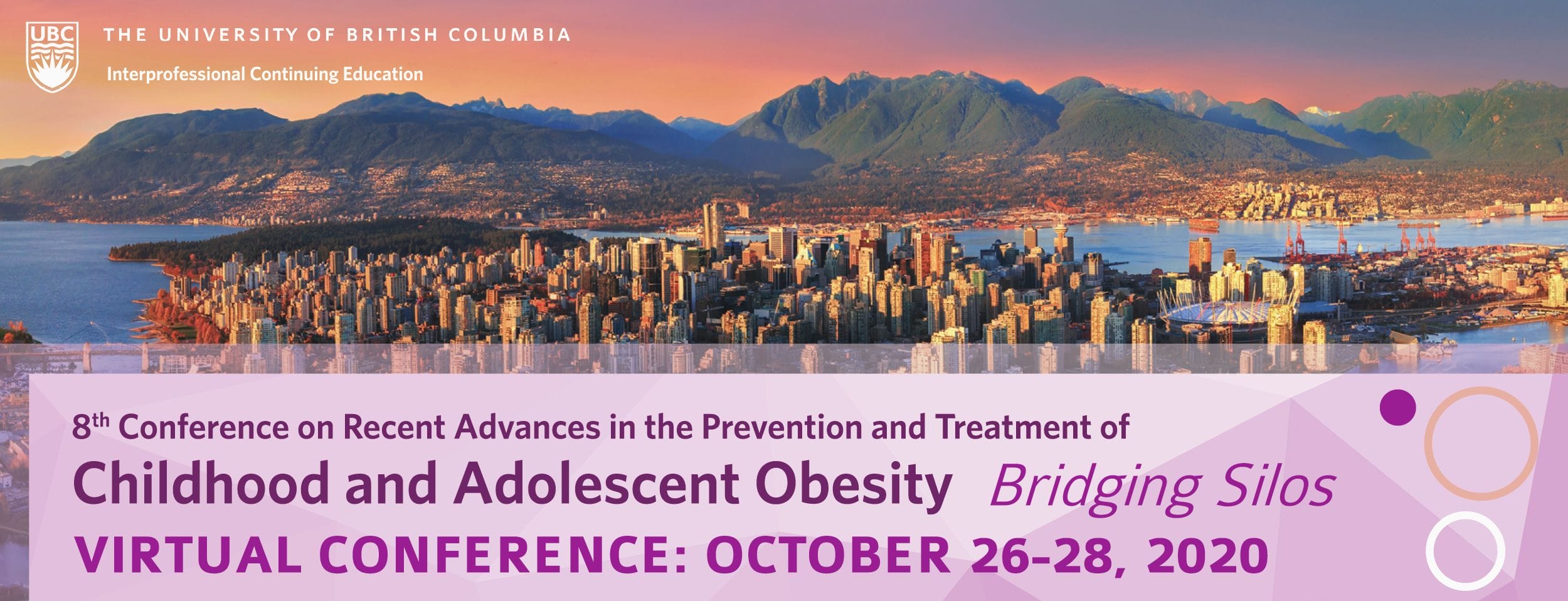Banner for the 8th conference on childhood and adolescent obesity at ubc, showing a panoramic view of vancouver with event details, october 26-28, 2020.