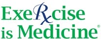 Logo of "exercise is medicine" featuring stylized text with the letter "r" formed by an ampersand in green and blue colors.
