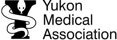 Logo of the yukon medical association featuring a stylized white "y" intertwined with a black serpent on a black text background.