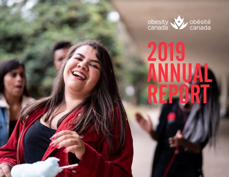 Cover of the 2019 annual report for obesity canada featuring a joyful woman in a red jacket, smiling and walking, with blurred people in the background.