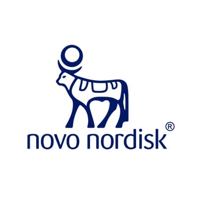 Logo of novo nordisk featuring a stylized blue bull with a human figure standing on its back, and the company name below in lowercase letters.