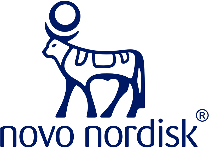 Logo of novo nordisk featuring a stylized bull with letters and a circle on its back, in blue on a transparent background.