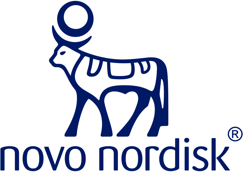 Logo of novo nordisk featuring a stylized bull with letters and a circle on its back, in blue on a transparent background.