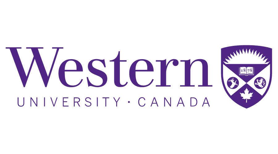 Logo of western university canada featuring purple text and a shield with a maple leaf, crown, and the year 1878.