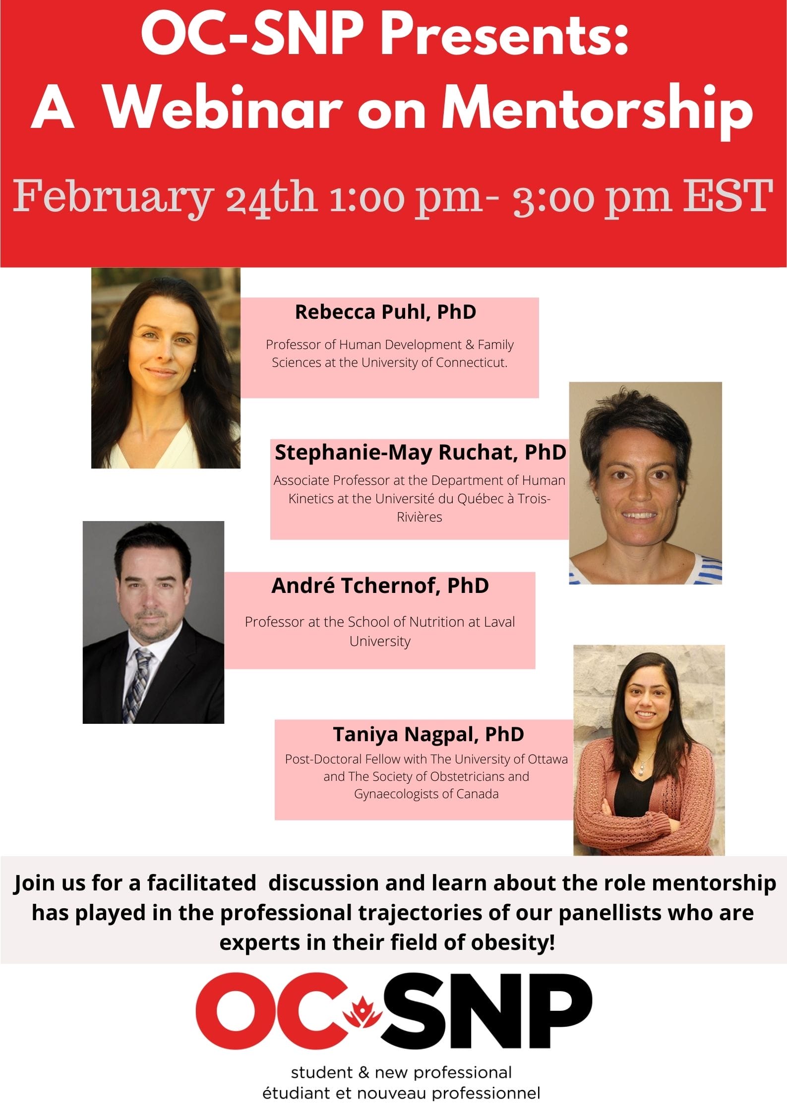 Promotional flyer for a webinar on "the professional challenges of our panelists" featuring photos and titles of three speakers, scheduled for 1:00 pm - 3:00 pm est, emphasizing obesity discussions.