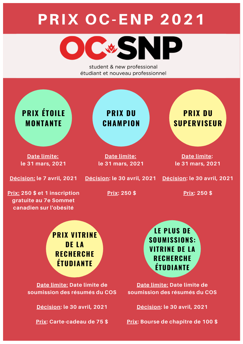 Graphic of awards titled "oc-snp prizes," detailing three award categories (prix étonie, prix champion, prix surdoué) with submission dates and prize amounts for students and professionals.