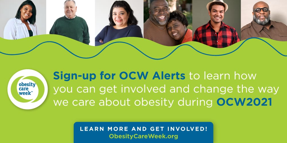 Promotional banner for obesity care week 2021 featuring diverse group of smiling people, with text urging viewers to sign up for ocw alerts at obesitycareweek.org.