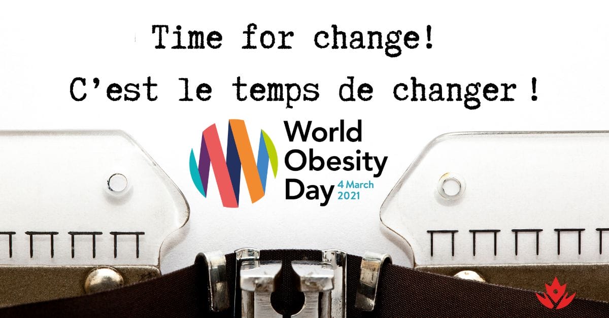 A typewriter with a paper that reads "time for change! c’est le temps de changer! world obesity day 4 march 2021," featuring a colorful logo.