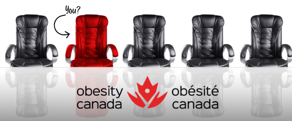 Five office chairs in a row, four black and one red in the center, labeled with "obesity canada" logos, suggesting a focus on individual differences.