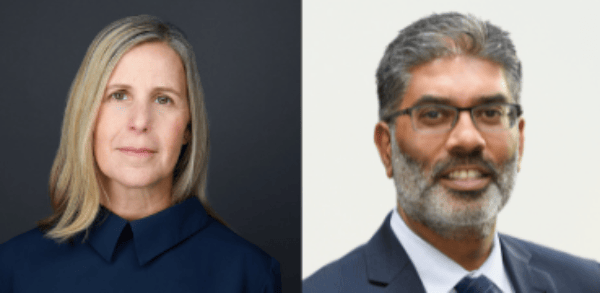Two professional portraits side by side: a woman with straight blonde hair and a navy blouse, and a man with gray hair, beard, and glasses wearing a dark suit.