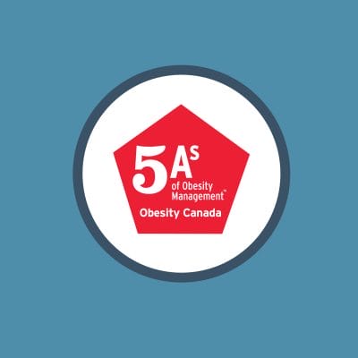 Logo of the 5a's of obesity management by obesity canada, featuring a red pentagon with "5a's" and text inside a white circle on a blue background.