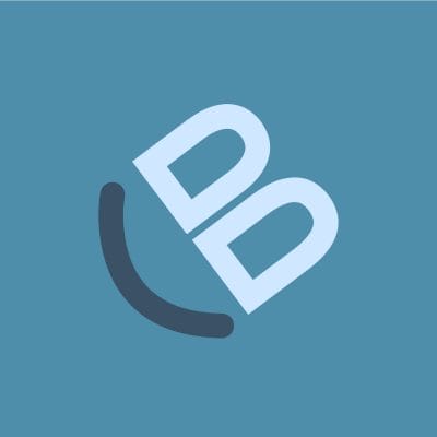 Logo featuring the letters "b" and "d" in white with a stylized, curved underline, set against a solid blue background.