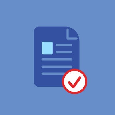 A blue document icon with white text boxes and a red check mark indicating approval or completion.