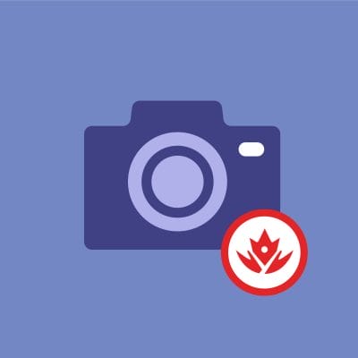 Illustration of a camera icon on a purple background with a red and white 'hot content' symbol in the lower-right corner.